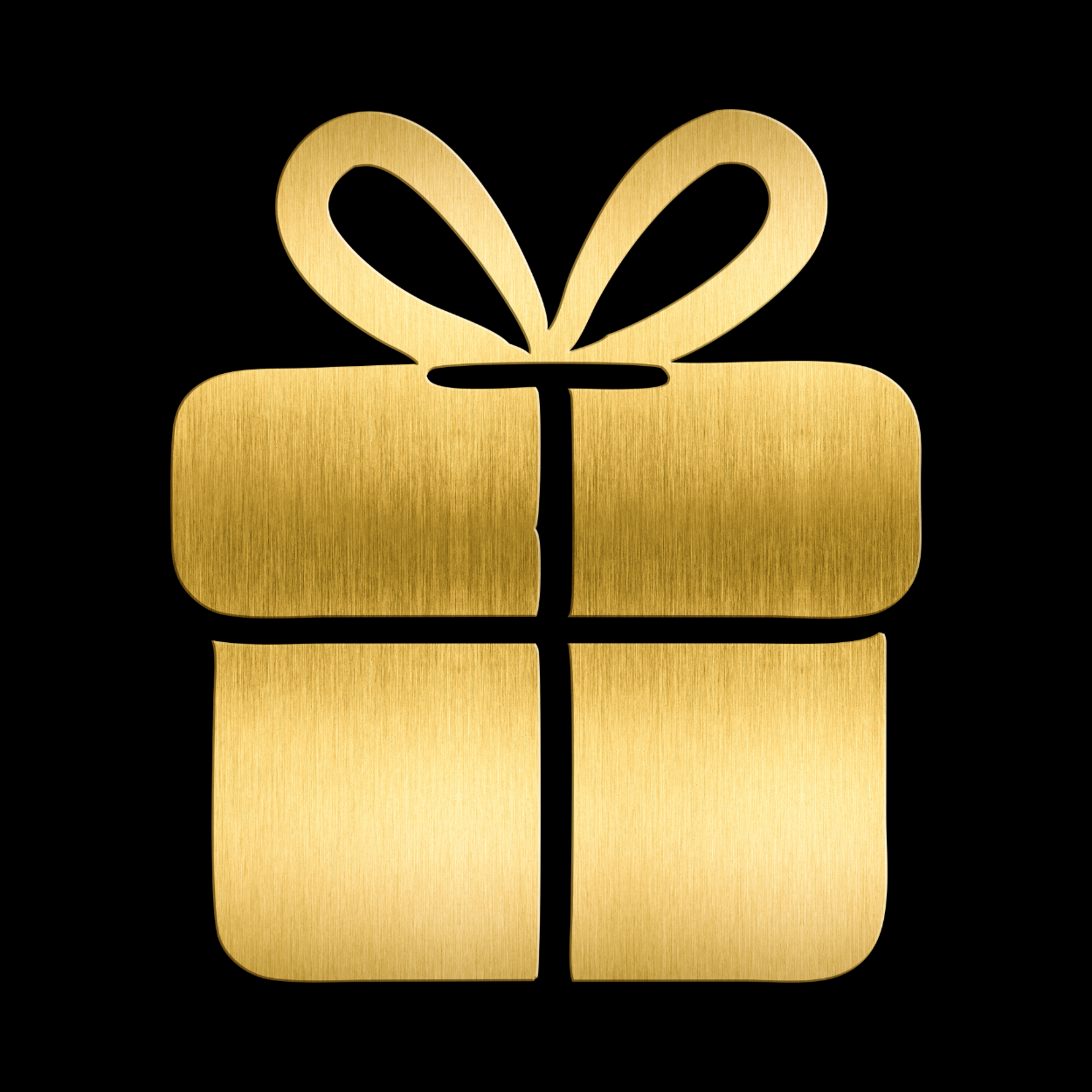 Gold-colored icon of a wrapped gift with a bow on a black background.
