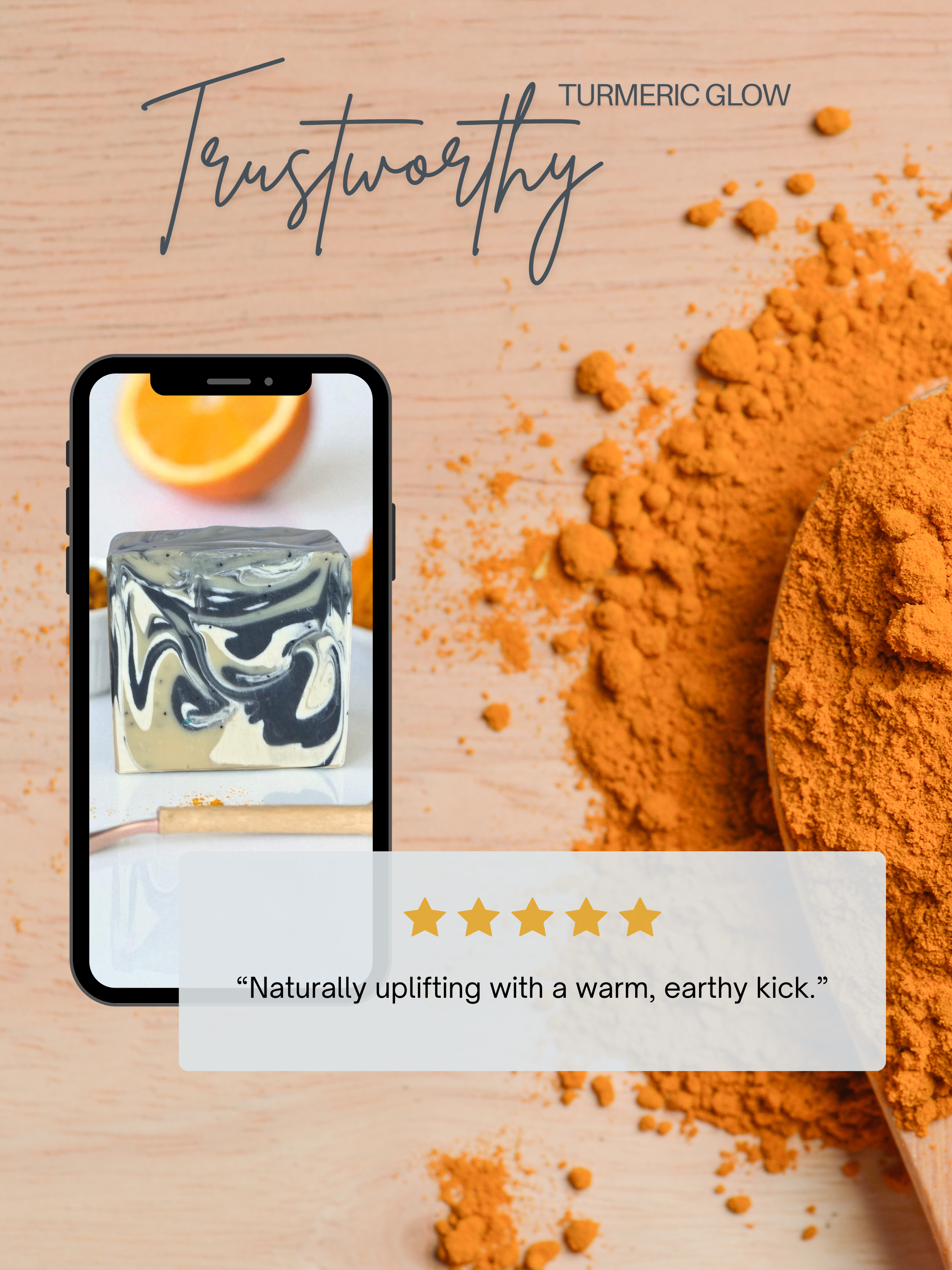 Customer review graphic for Trustworthy Turmeric Glow beer soap bar