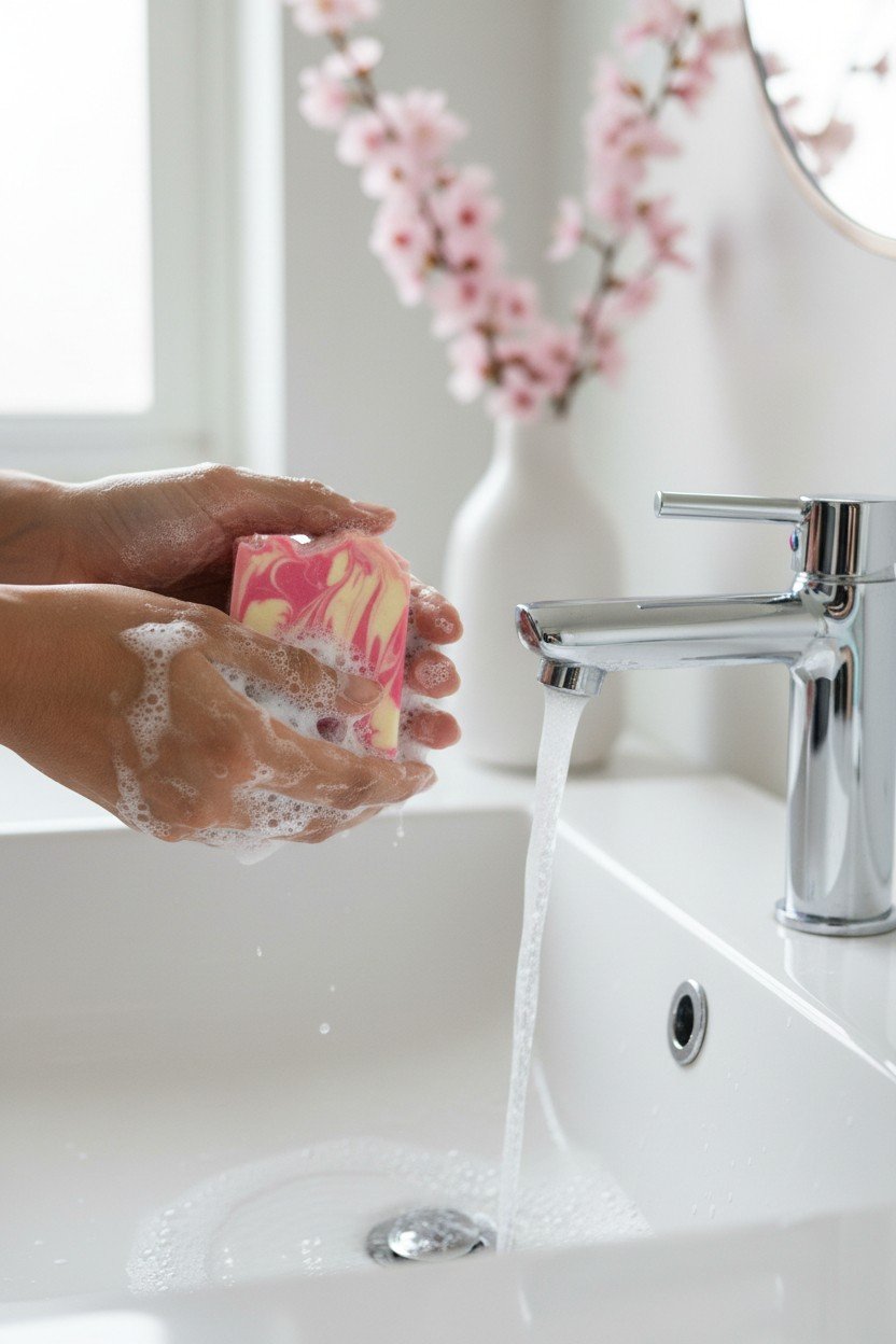 Boundless Cherry Blossom beer soap being used at sink
