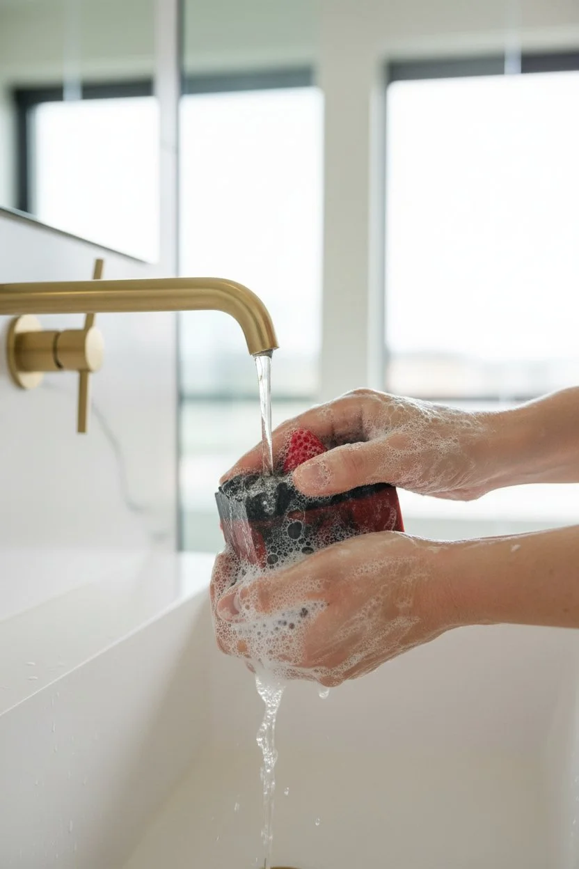Soul Refresher Pink Strawberry beer soap bar being used at sink