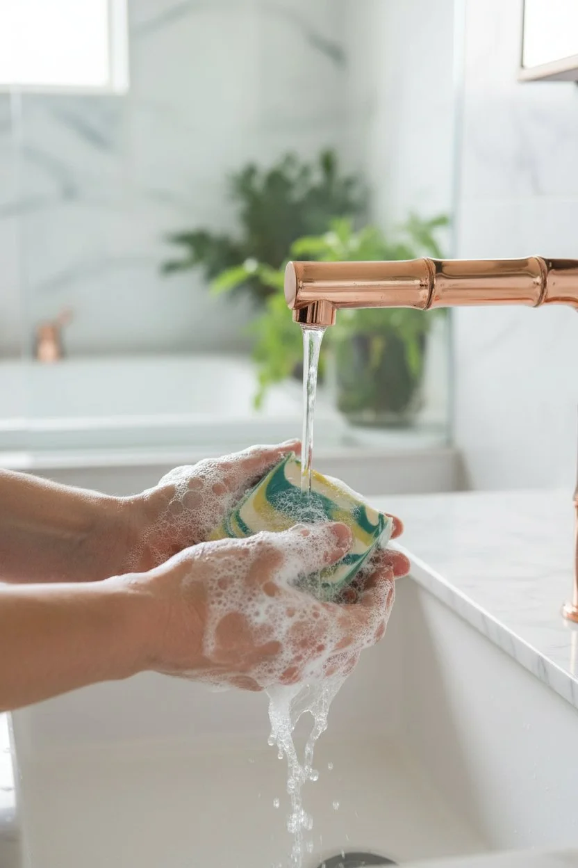 Comfort & Cheer Italian Limoncello beer soap bar being used at sink