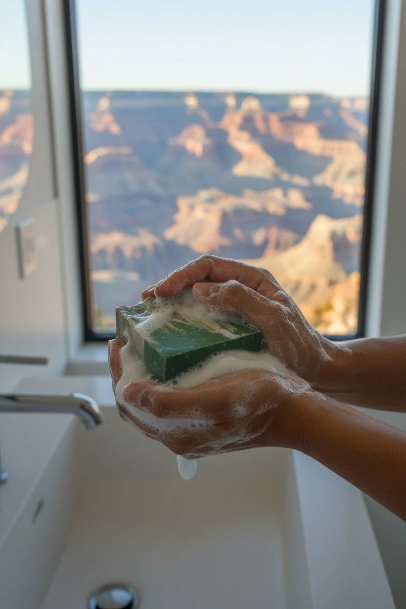 Tree of Life Pistachio + Caramel beer soap bar being used at sink