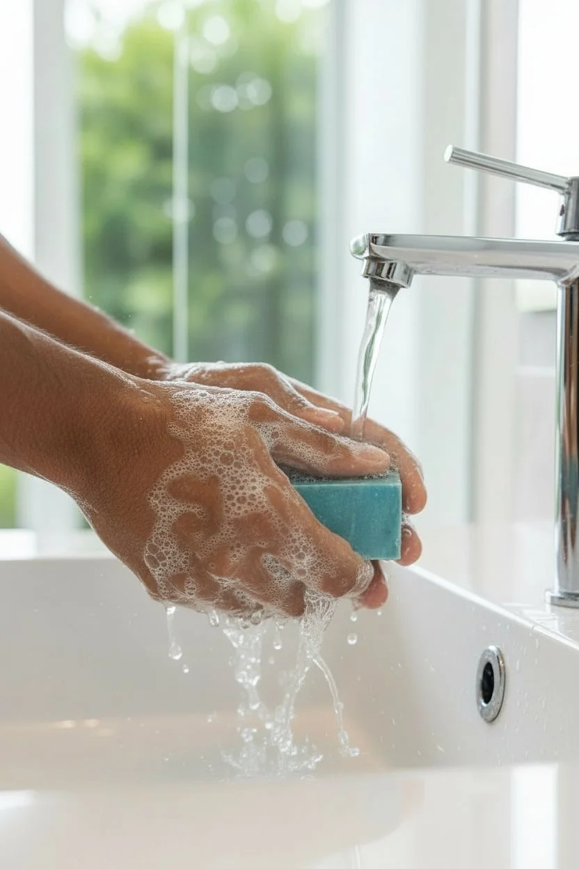 Water to Wine Cool Water beer soap bar being used at sink
