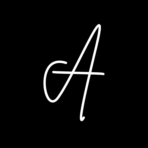 White cursive letter 'A' on a black background.