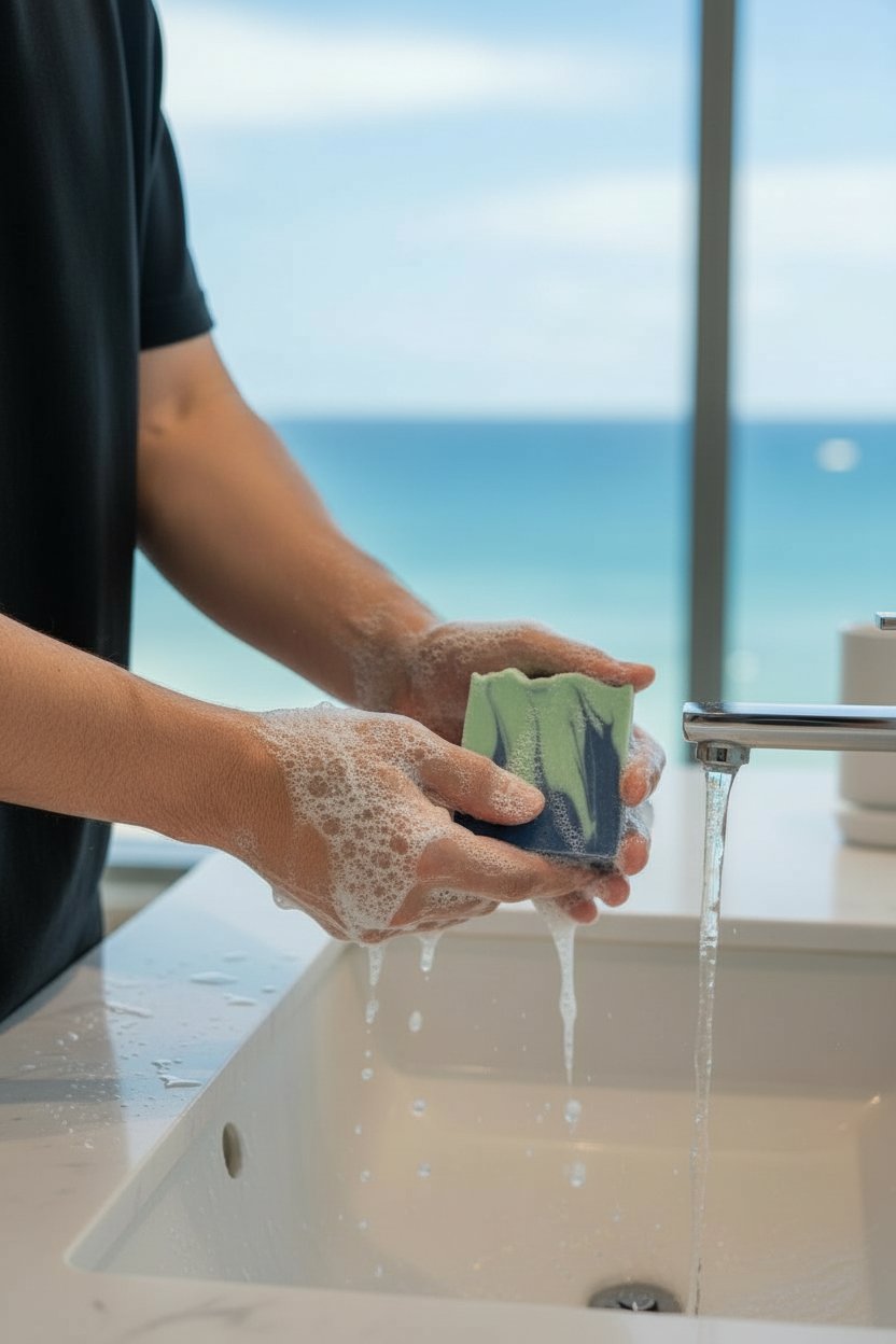 三百六十 (360) Aqua di Gio beer soap bar being used at sink