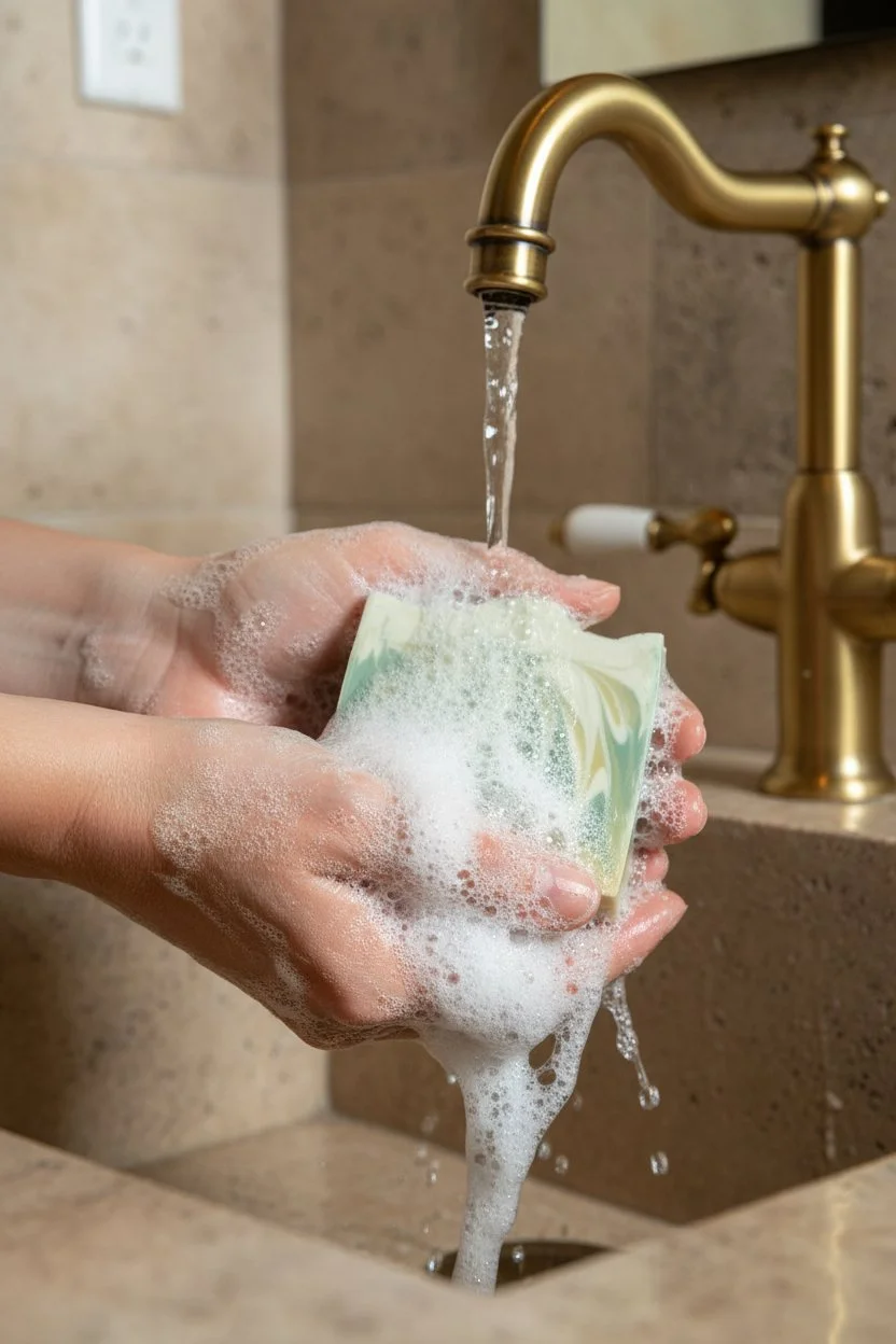 Tender Heart White Tea & Aloe beer soap bar being used at sink