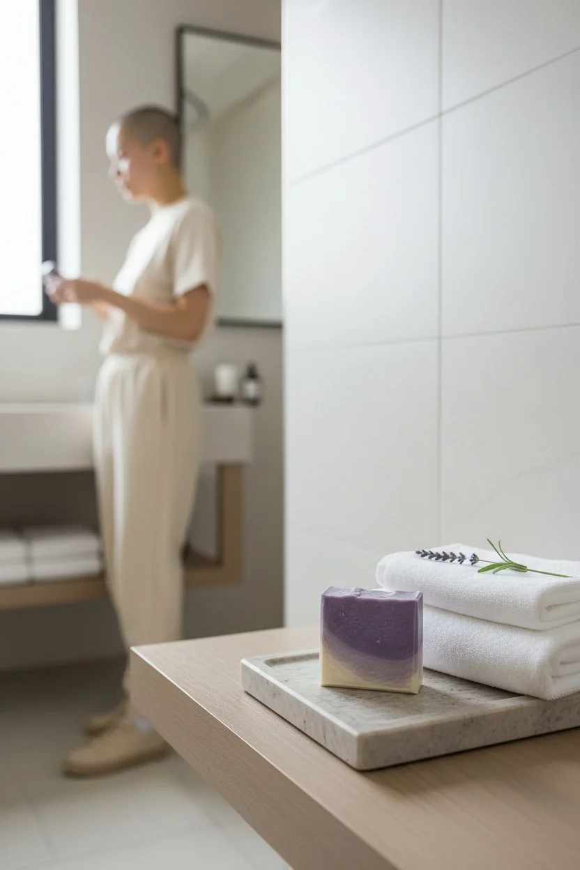 Vibrant Light Lavender beer soap bar in bath setting