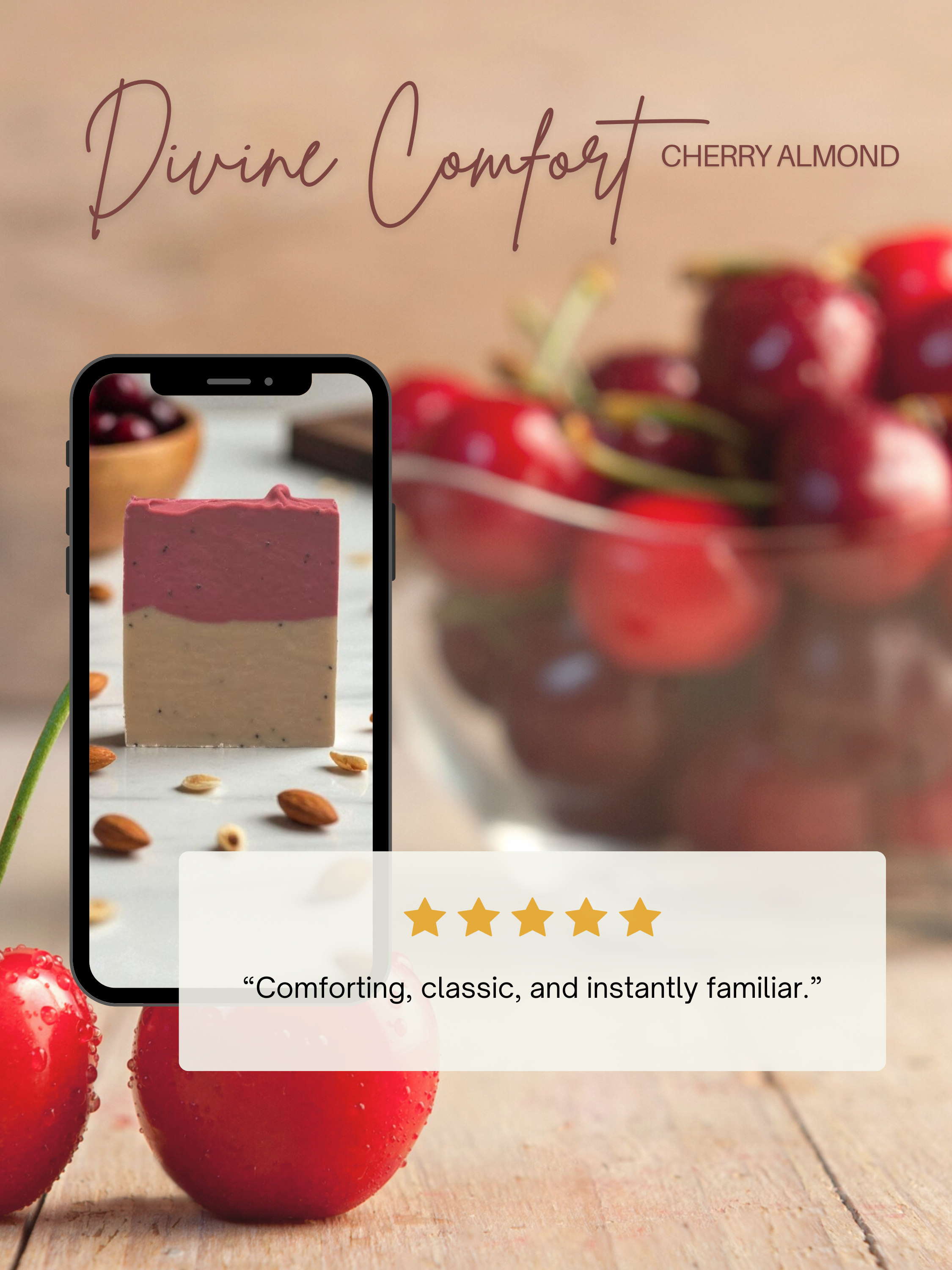 Customer review graphic for Divine Comfort Cherry Almond beer soap bar
