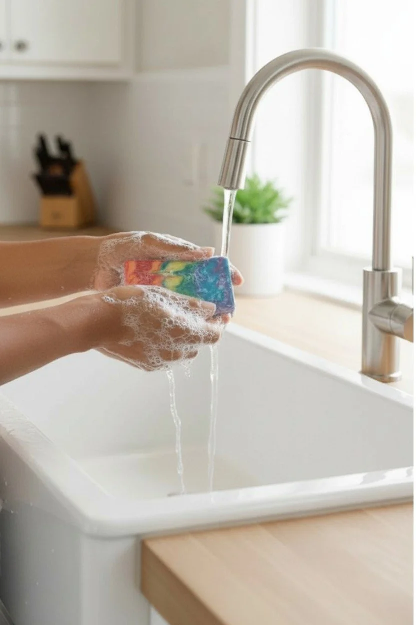 Over the Rainbow Luminance Citrus beer soap bar being used at sink