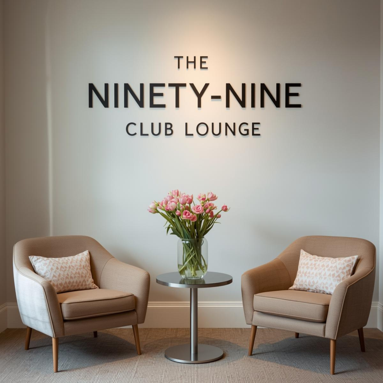 Cozy living room scene with two beige sofas, a black fireplace with a fire, and a neon red sign above the fireplace that reads 'Subscribe & Save'.