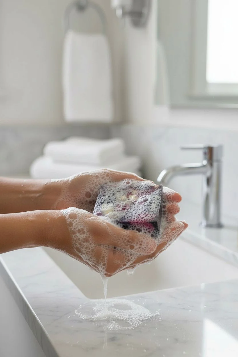 Bethany’s Alabaster Lavender Martini beer soap bar with lather