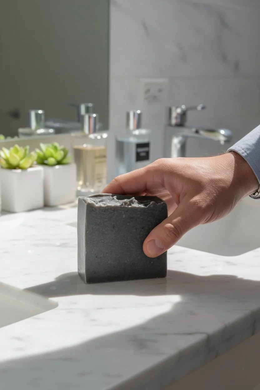 Miracle Worker Mahogany Teakwood beer soap bar on bathroom counter