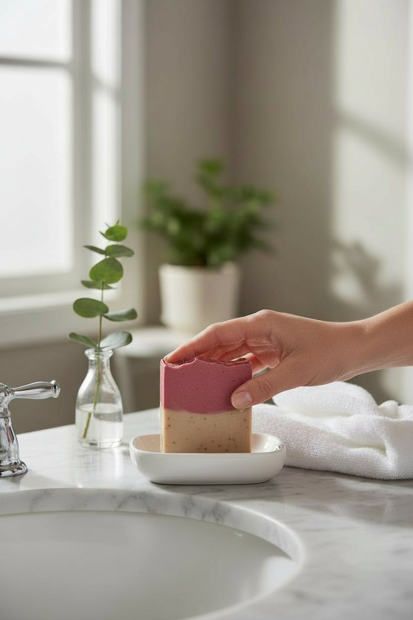 Divine Comfort Cherry Almond beer soap bar in hand