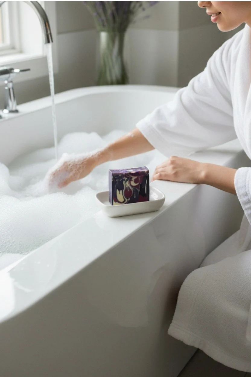 Bethany’s Alabaster Lavender Martini beer soap bar in lifestyle setting