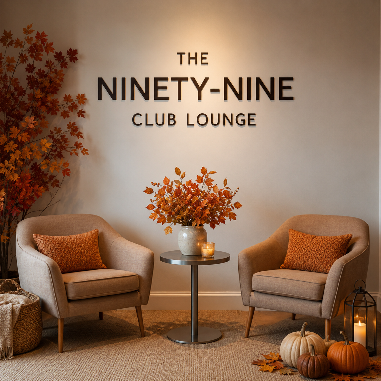 Cozy living room scene with two beige sofas, a black fireplace with a fire, and a neon red sign above the fireplace that reads 'Subscribe & Save'.