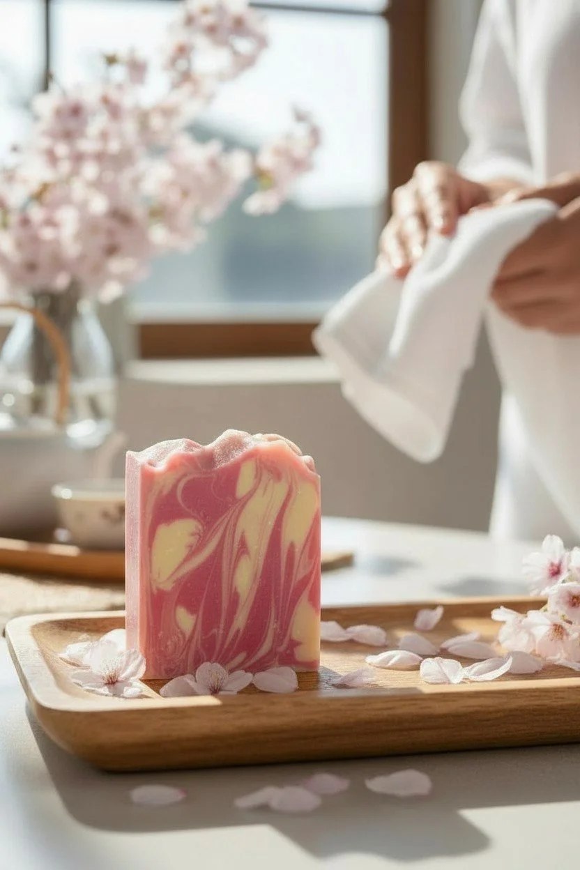 Boundless Cherry Blossom beer soap bar on bathroom counter