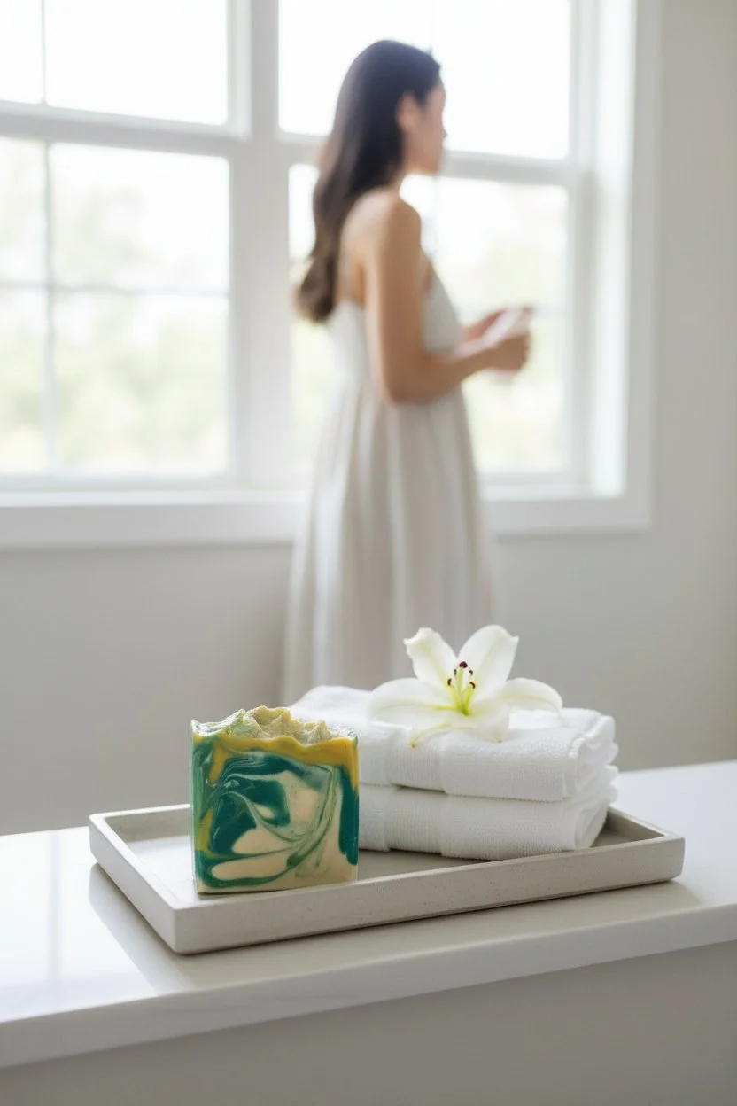 Lily in the Valley Stargazer Lily beer soap bar in bath setting