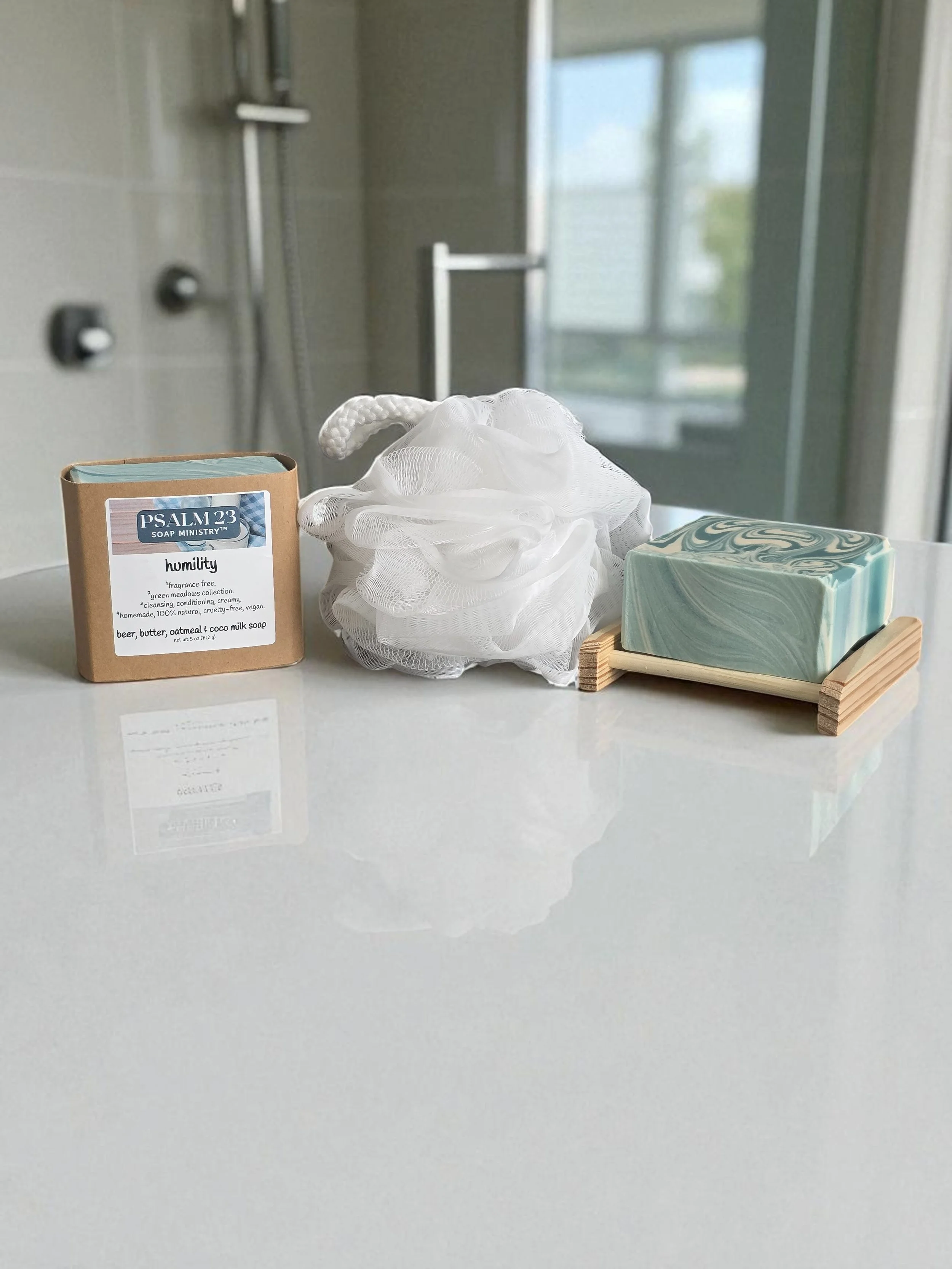 Soap pouf on counter