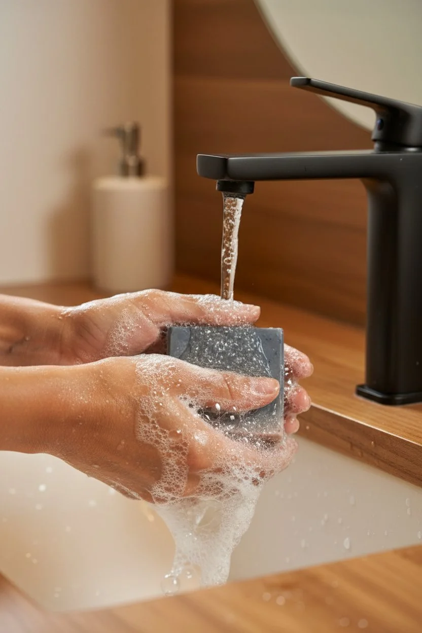 Survivor Sandalwood Stream beer soap bar being used at sink