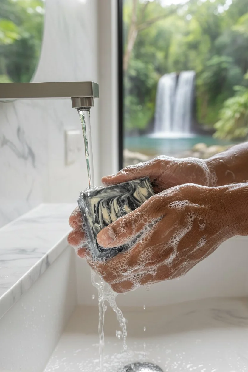 Courageous Rainforest Cascade beer soap bar being used at sink