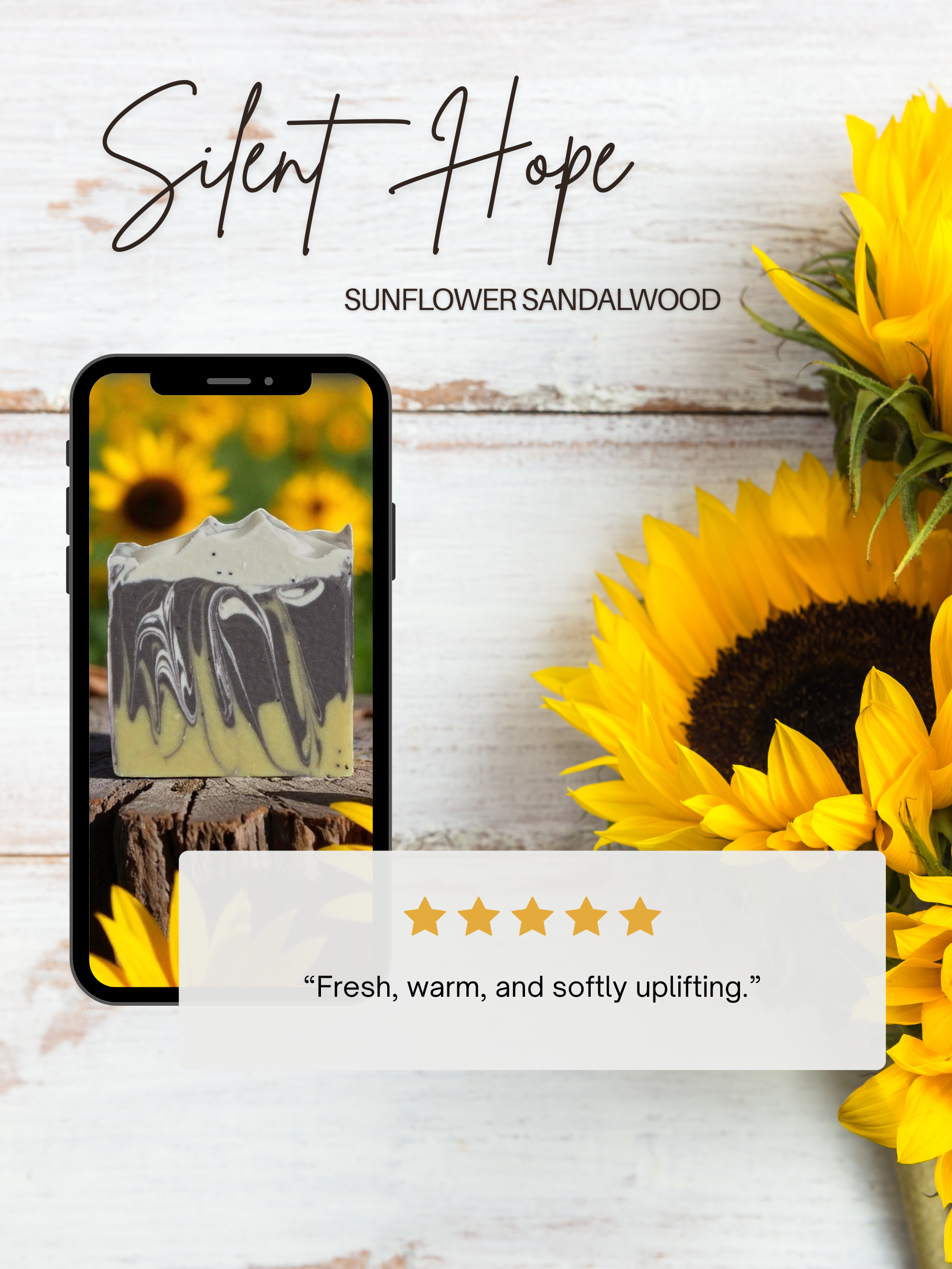 Customer review graphic for Silent Hope Sunflower Sandalwood beer soap bar