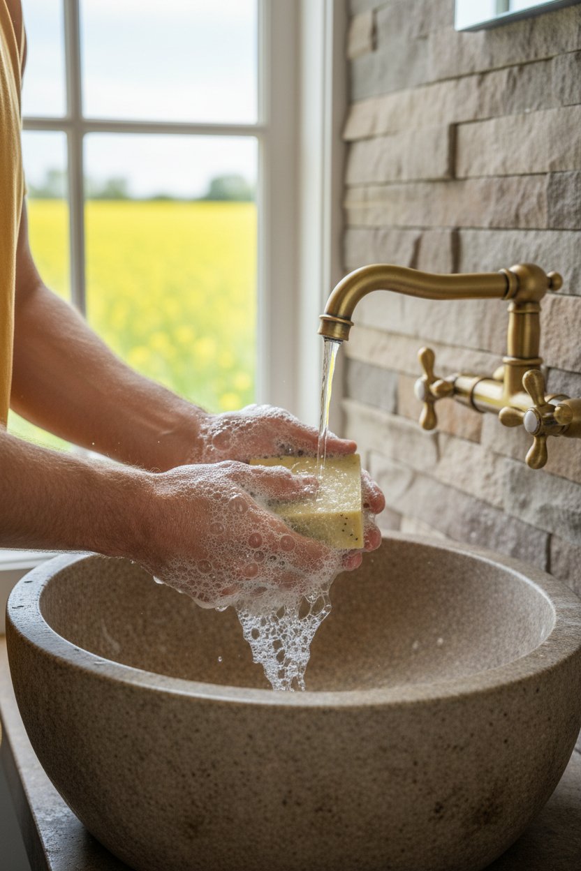 Mustard Seed Faith Heaven's Gate beer soap bar being used at sink