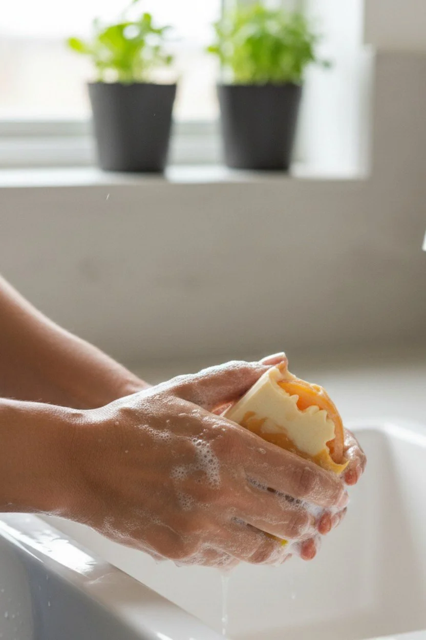 Overflow Satsuma Orange beer soap bar being used at sink
