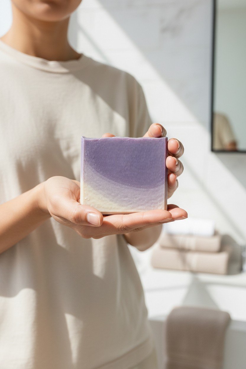 Vibrant Light Lavender beer soap bar in hand