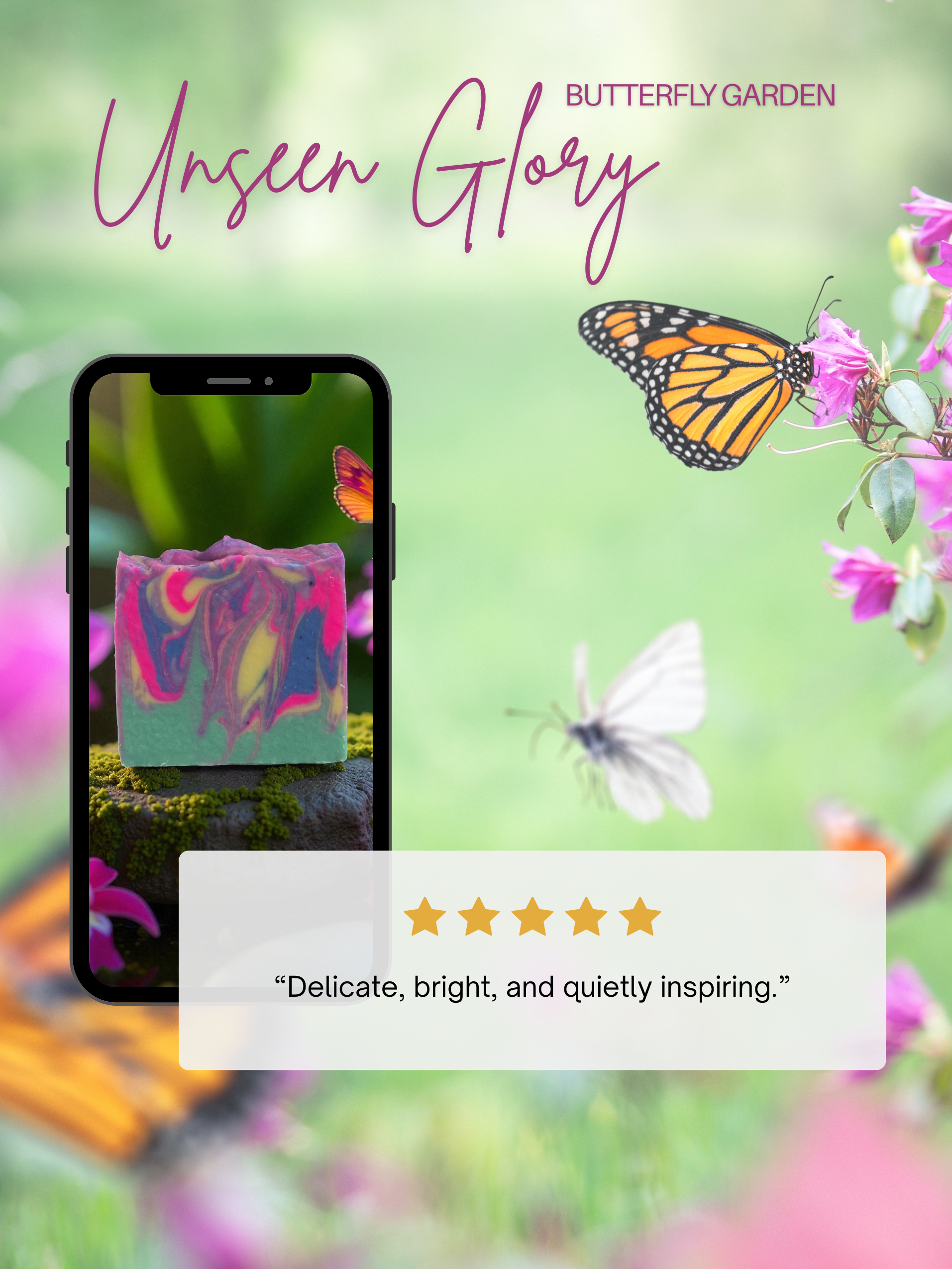 Customer review graphic for Unseen Glory Butterfly Garden beer soap bar