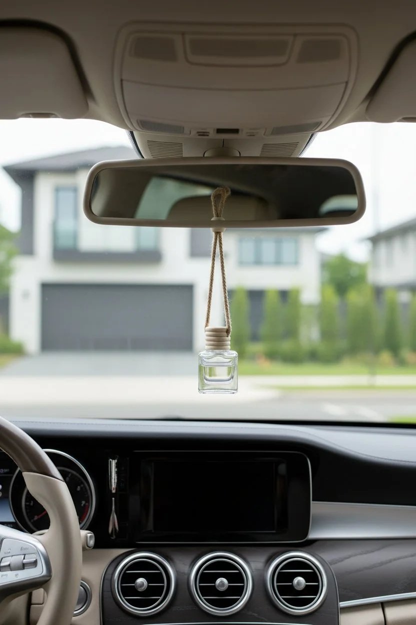 Car & Small Space Hanging Air Freshener hanging from rearview mirror