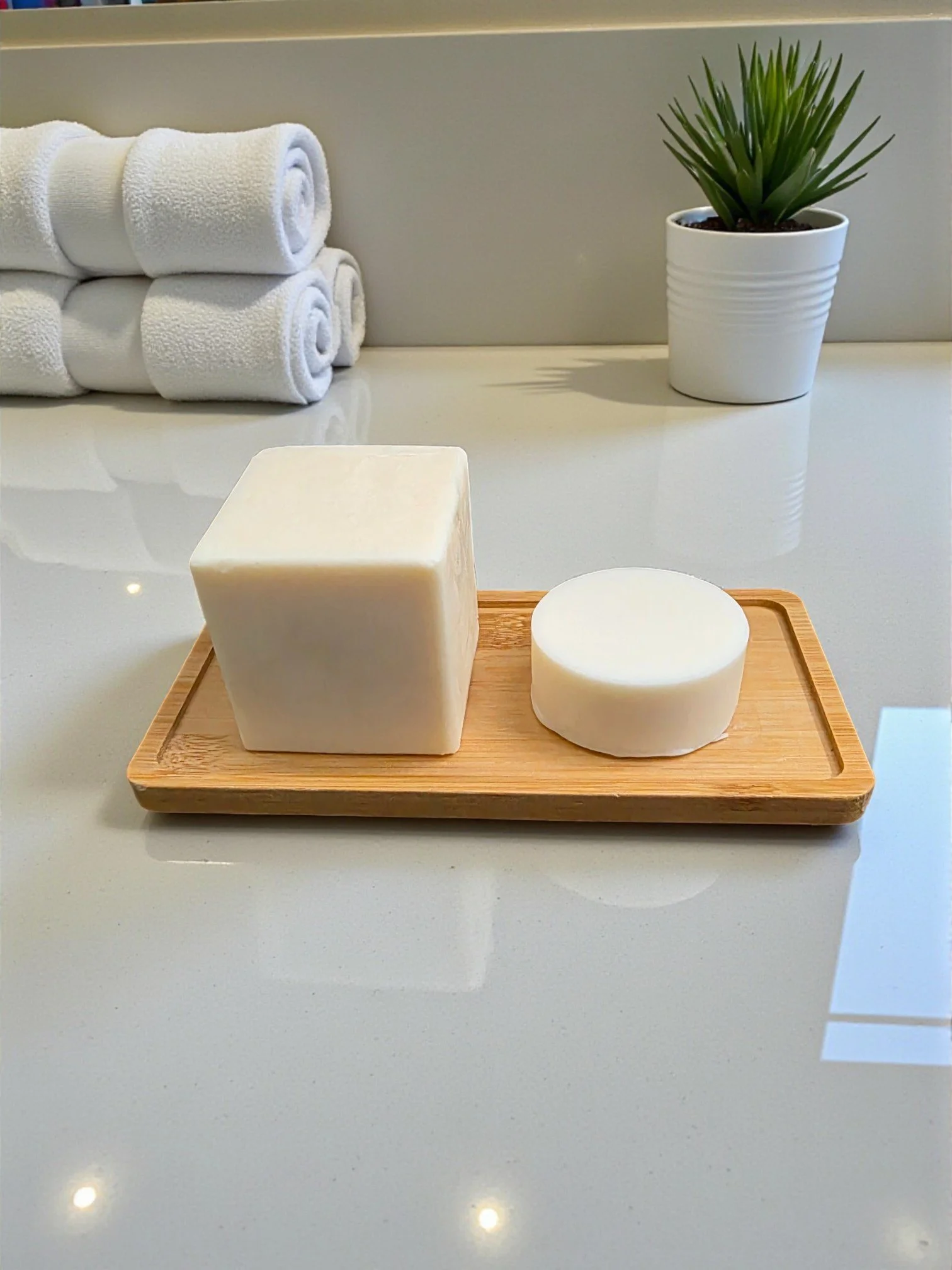 Bamboo Balm Tray with balms near sink