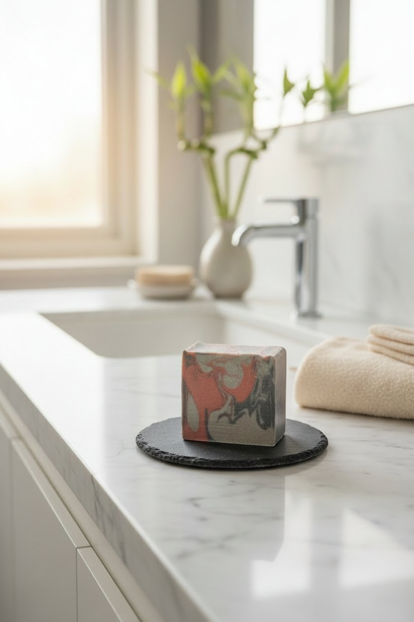 Faithfulness Flannel Blanket beer soap bar on bathroom counter