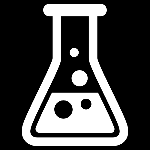 Icon of a laboratory flask or test tube filled with a liquid, with bubbles inside, on a black background.