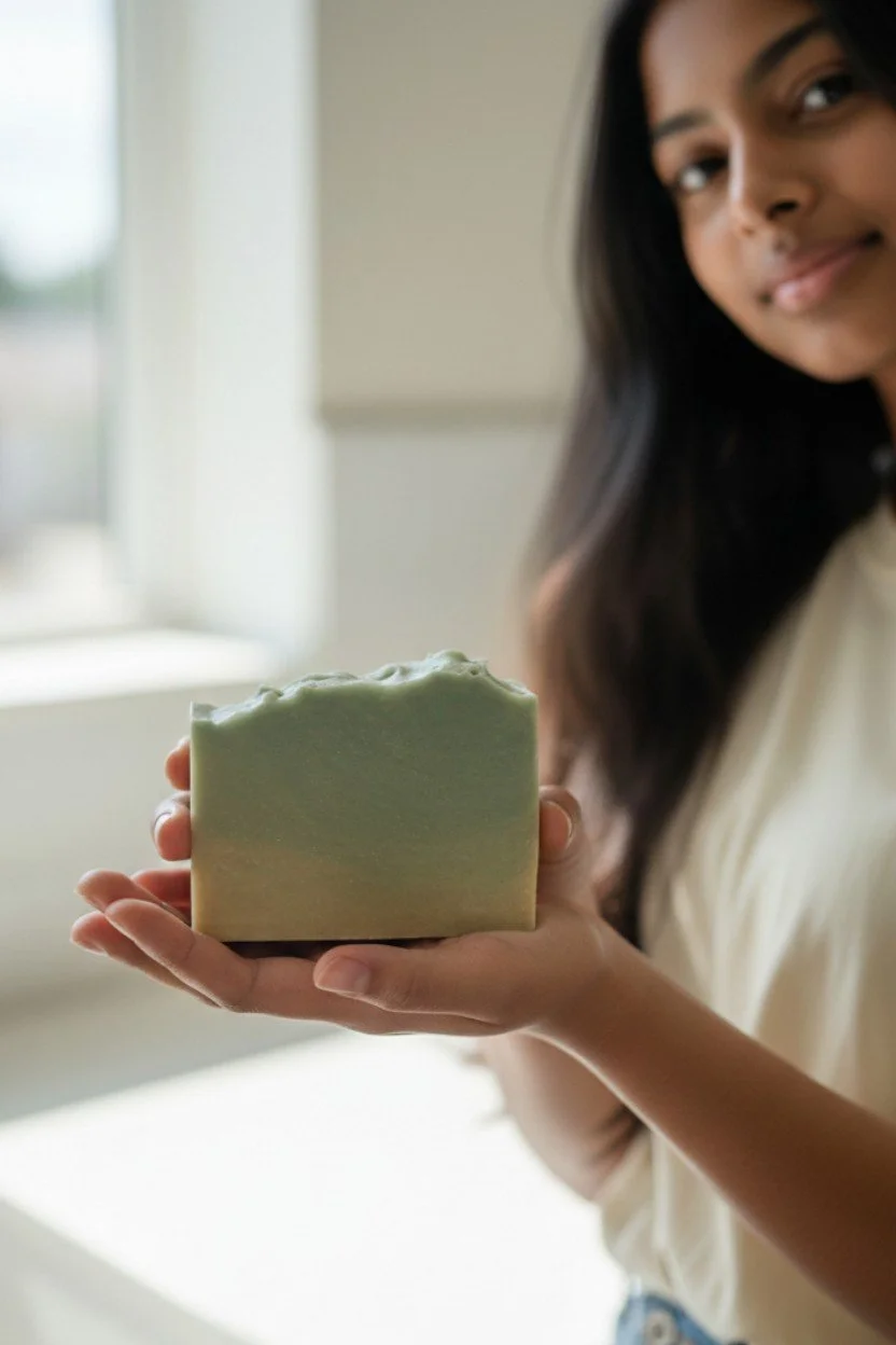 Forgiven Cotton Blossom beer soap bar in hand
