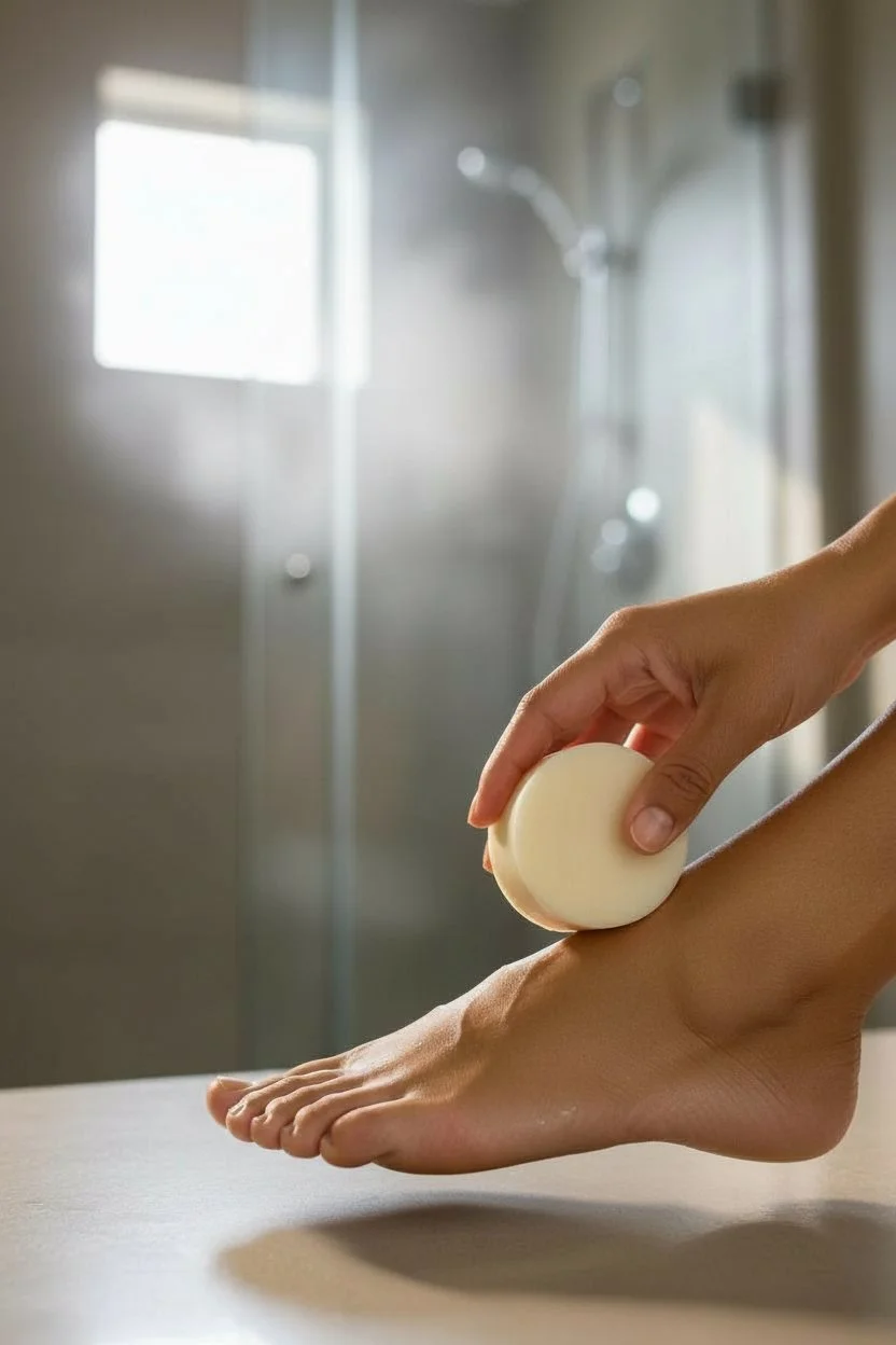 Solid Foot Repair Balm being used