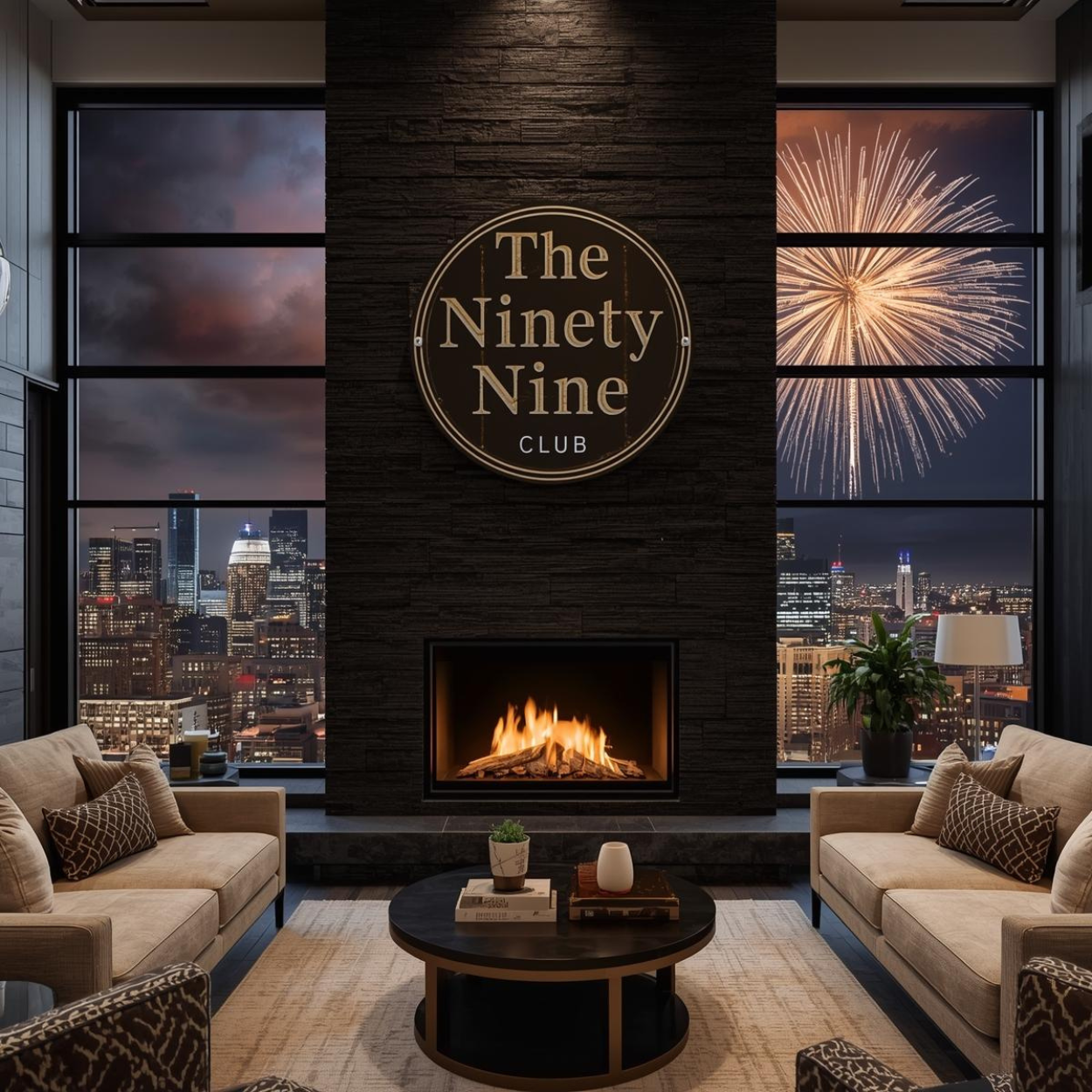 Elegant lounge area with two white curved sofas, a small round coffee table, decorative pillows, potted plants, warm lighting, and a large marble wall with the text 'The Ninety-Nine Club Lounge' in gold.