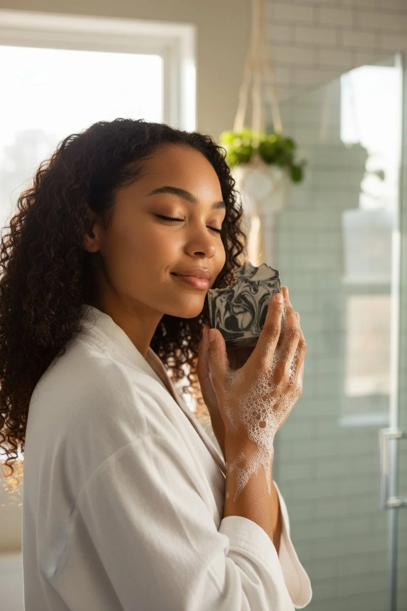 Morning Joy Oatmeal Milk & Honey beer soap bar in hand