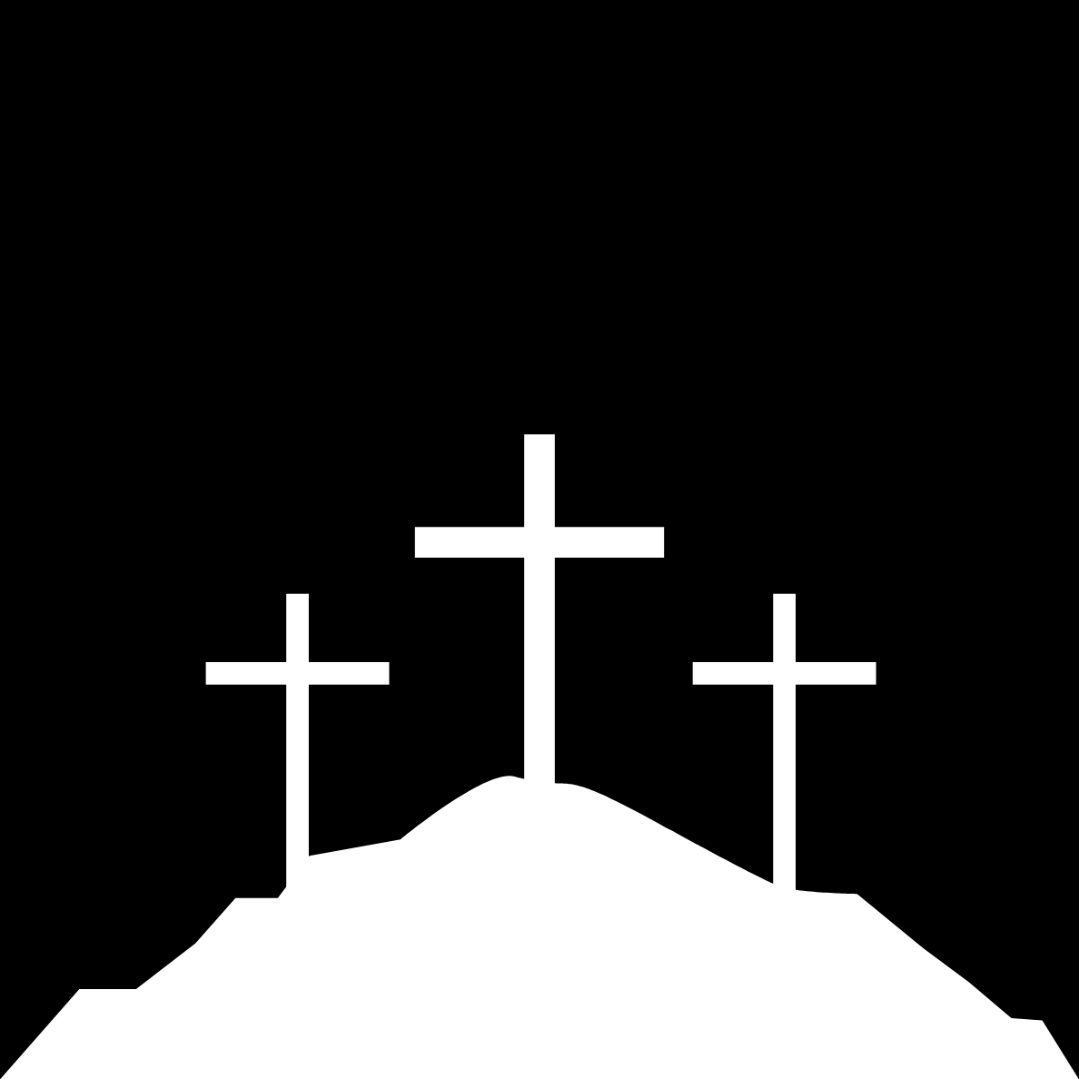 Three crosses on a hilltop against a dark sky, with a bright white light behind them