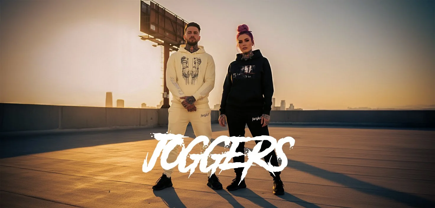 Un homme et une femme debout sur un toit au coucher du soleil, portant des vêtements de style urbain, avec le mot "Jugger" écrit en gras en bas de l'image.