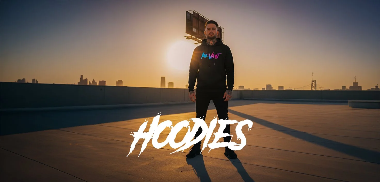 Un homme debout sur le toit d'un bâtiment avec une vue sur la ville au coucher du soleil, portant un sweat noir avec un logo coloré et le mot 'HOPES' écrit en gros caractères blancs à l'avant.