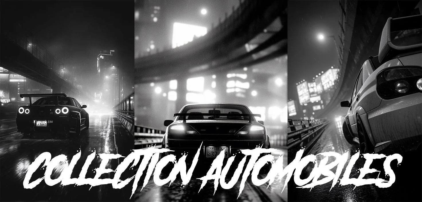 Trois voitures de sport noires sur une route urbaine la nuit, avec le texte "Collection Automobiles" en gras en premier plan.