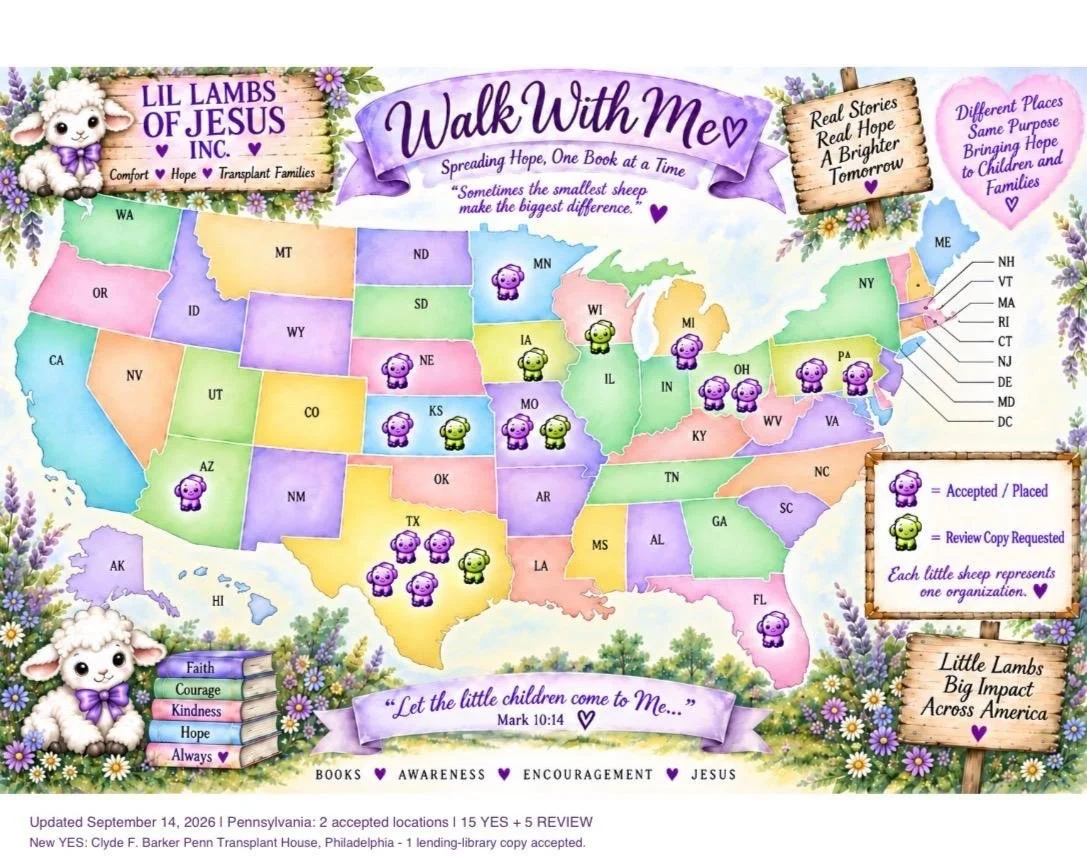 USA map with purple lambs for adopted locations and green lambs for pending adoptions