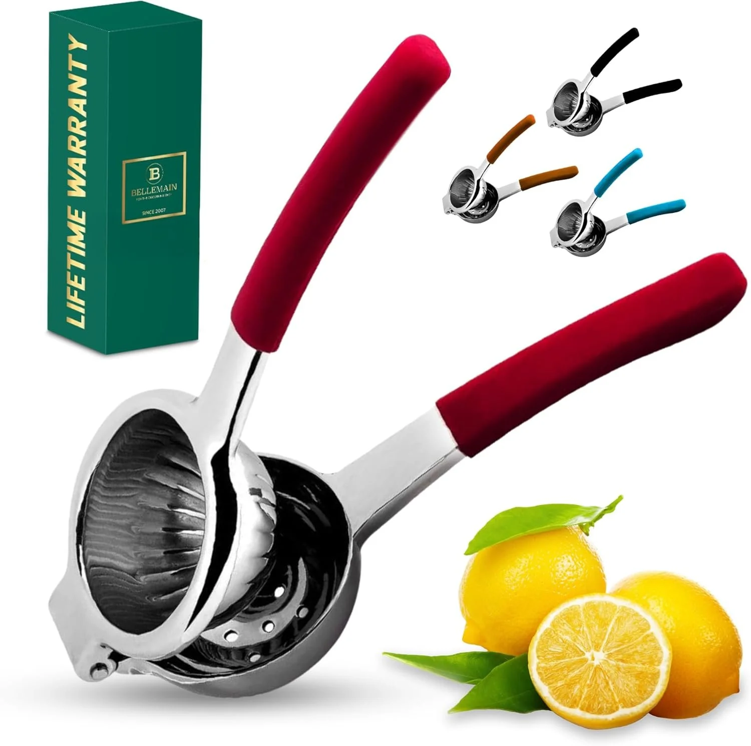 A set of stainless steel citrus juicers with red, brown, and blue handles, a lemon, a lemon half, and a lemon leaf, with a green box labeled 'Life Time Warranty'.