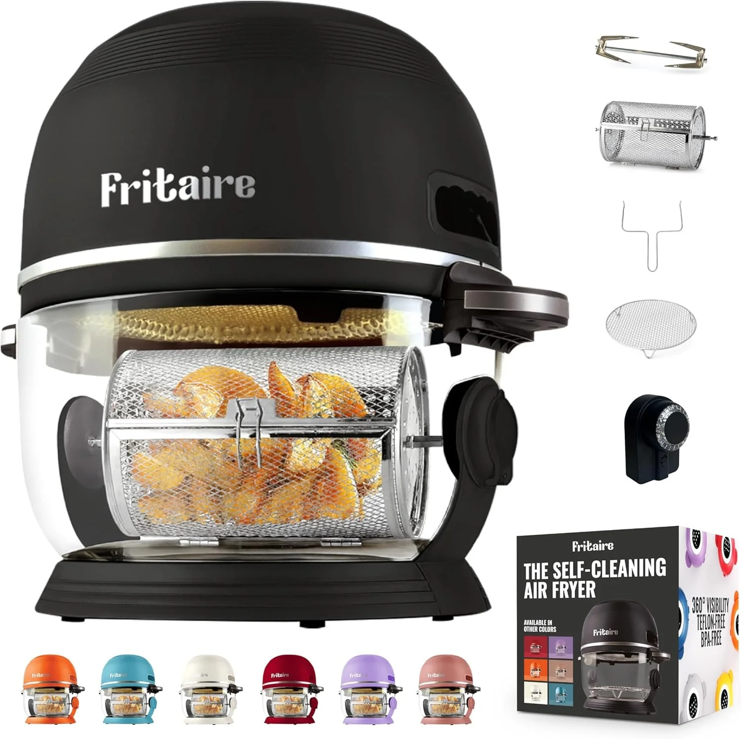 A collection of Fritaire self-cleaning air fryers in black, orange, teal, white, red, purple, and pink, with accessories such as a rotisserie spit, a mesh basket, and a control knob, as well as packaging describing the product.