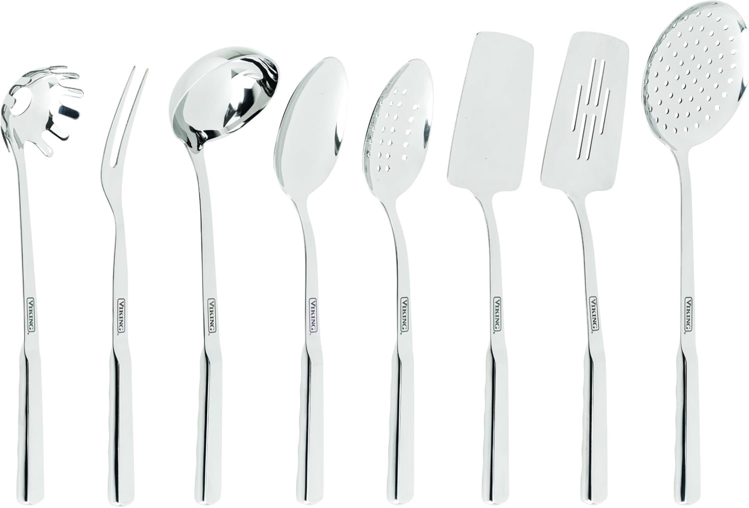 A set of eight stainless steel kitchen utensils arranged in a row on a white background, including a skimmer, fork, slotted spoon, solid spoon, slotted turner, solid turner, spatula, and slotted spoon.