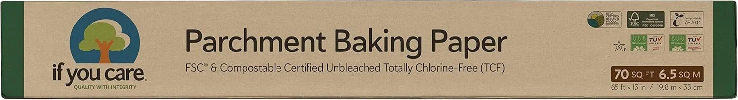 Packaging of if you care parchment baking paper, FSC and compostable certified, unbleached, chlorine-free, 70 square feet, 6.5 square meters.