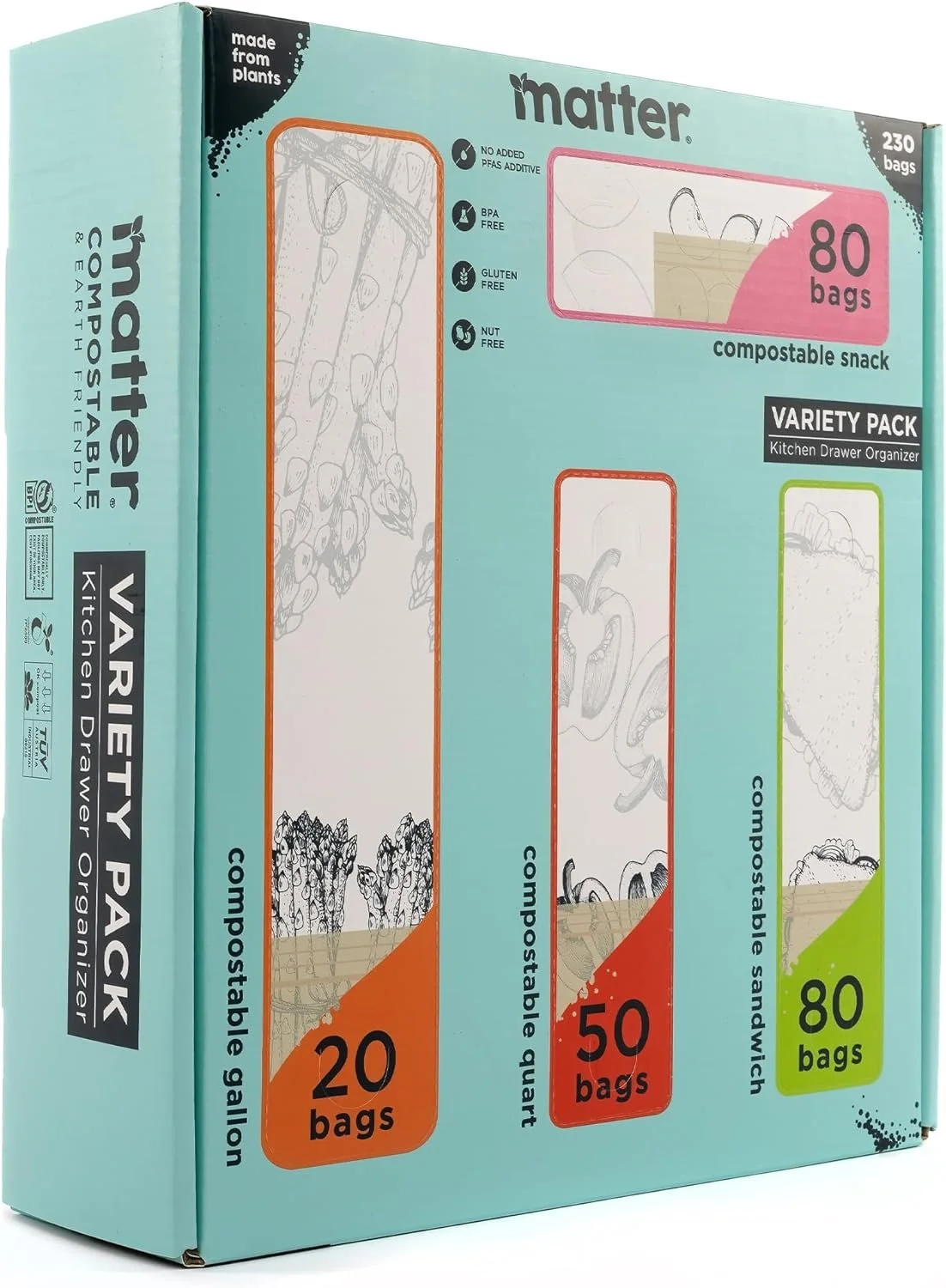 Packaging for 'Matter' compostable snack bags including 20, 50, and 80-bag varieties, with illustrations of vegetables and text describing features like BPA free and gluten free.