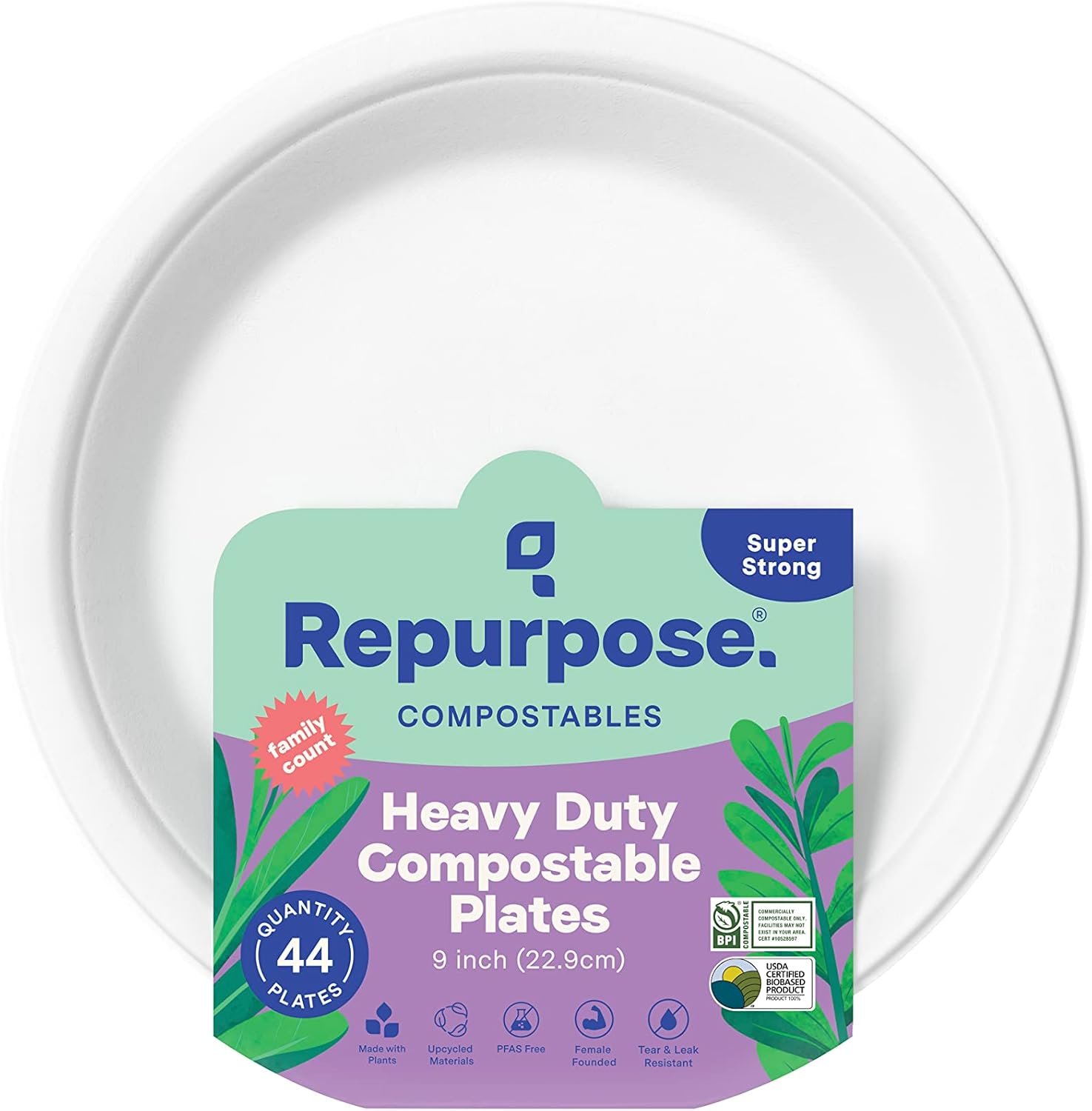 A package of Repurpose Heavy Duty Compostable Plates, 9 inches, with 44 plates, made from recycled materials, featuring eco-friendly certifications, and labeled as super strong.