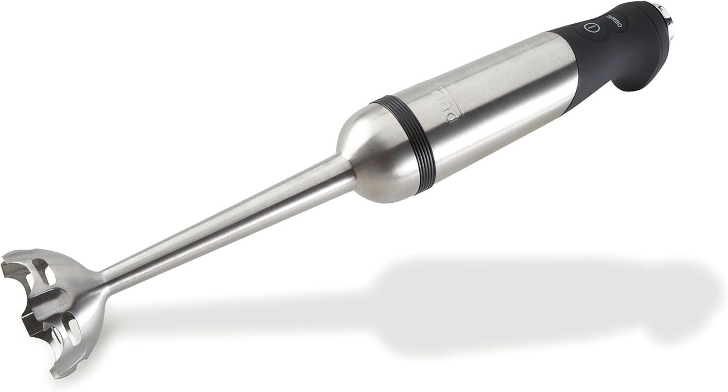 Electric hand blender in silver and black with controls on the handle