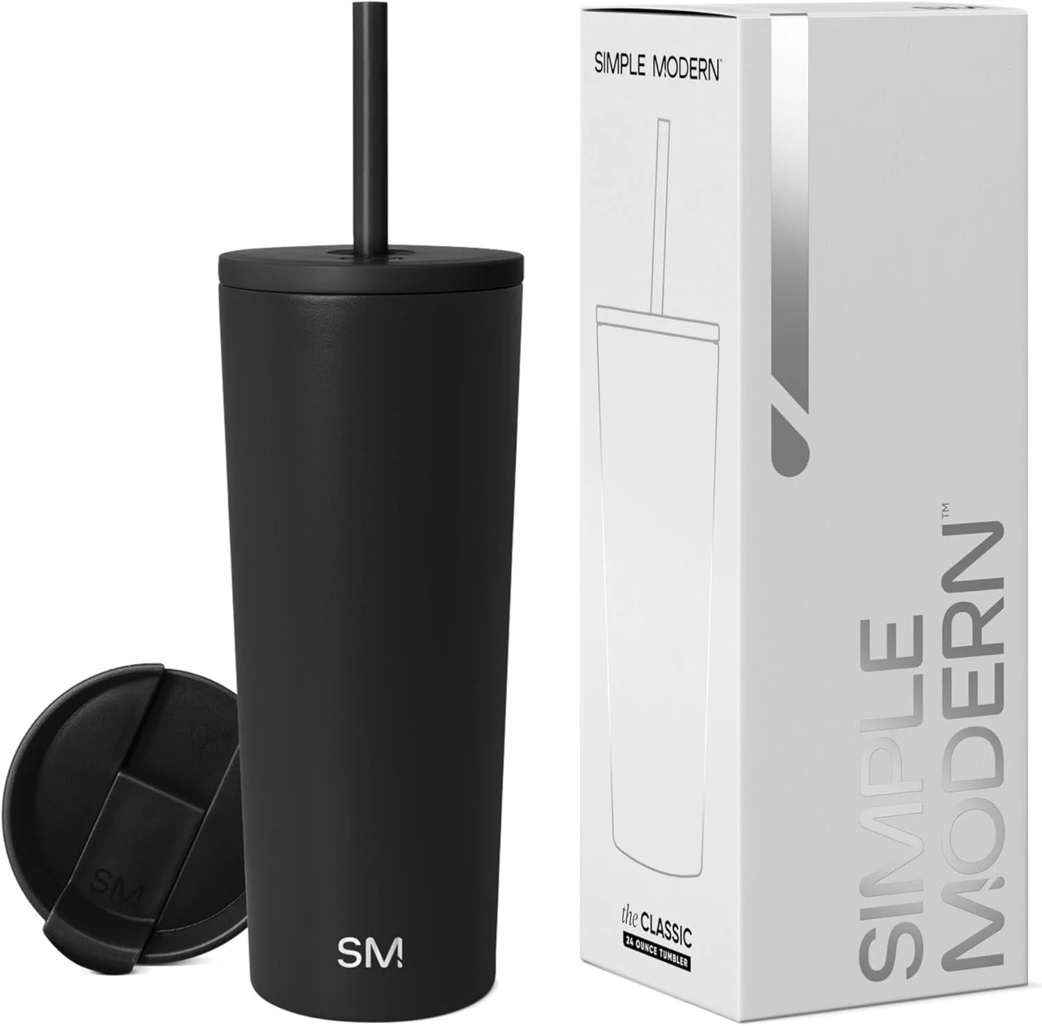 A black insulated tumbler with a screw-on lid and straw, standing next to its white packaging box labeled "Simple Modern" and "the Classic."